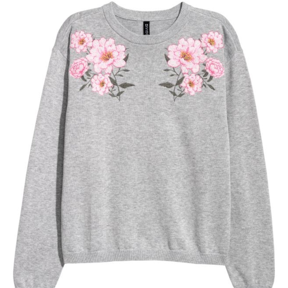 H&M Fine Knit Light Gray Flowers Sweater Sz Medium